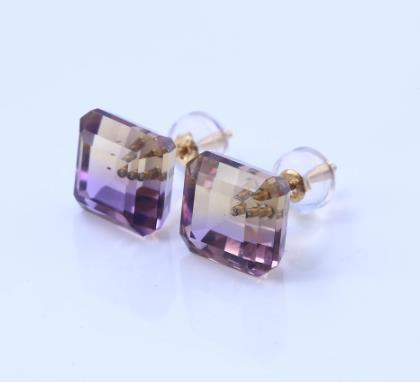 Brincos Asscher Roxo Colorido Transparente Prata 925 Banhado a Ouro