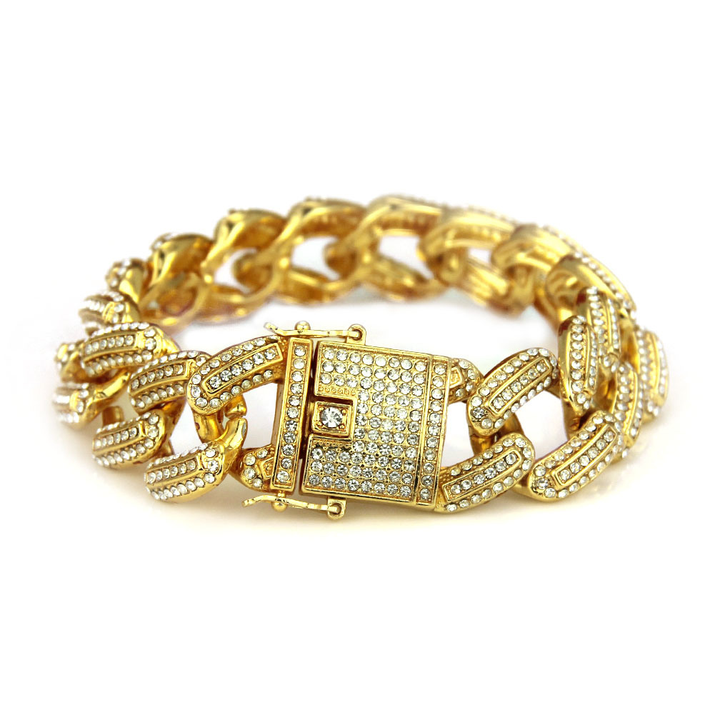 Pulseira masculina de joias de hip hop com strass ouro Miami Curb cubano CZ Rapper