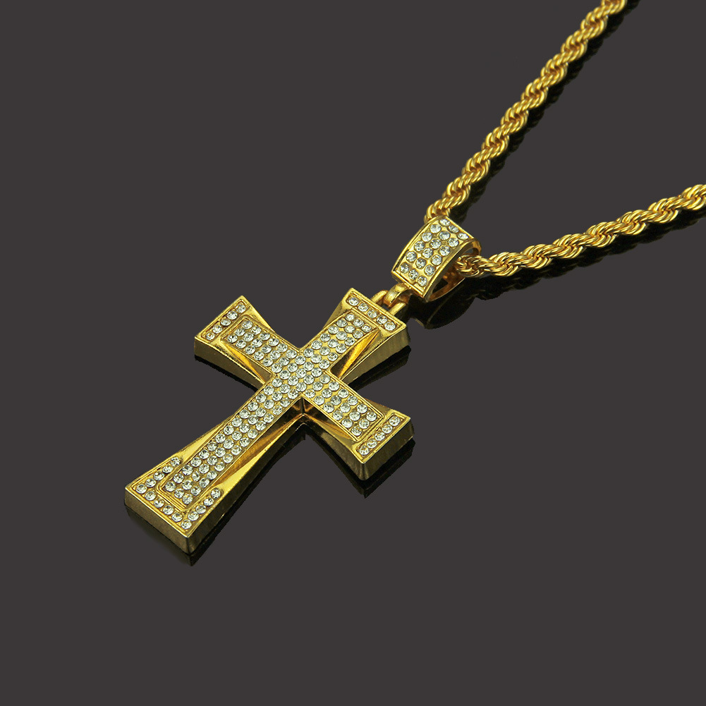 Colar Hip Hop masculino Iced Out Cross CZ embutido 14K-18K ouro