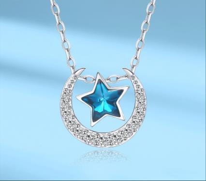 Colar de diamantes estrela de cinco pontas novo colar de prata esterlina 925 feminino zircão azul